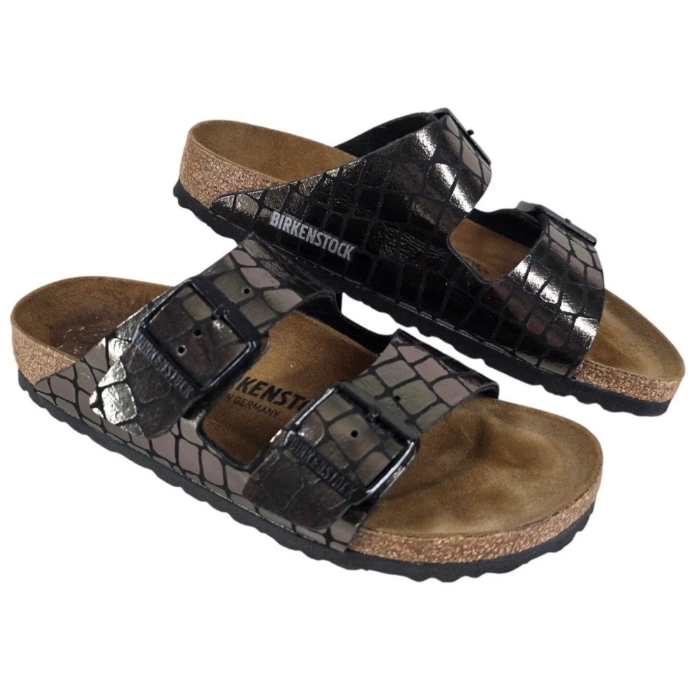 Birkenstock Sandal Slide Arizona Metallic Croc-Embossed Silver Black 37 Ws 6 6.5